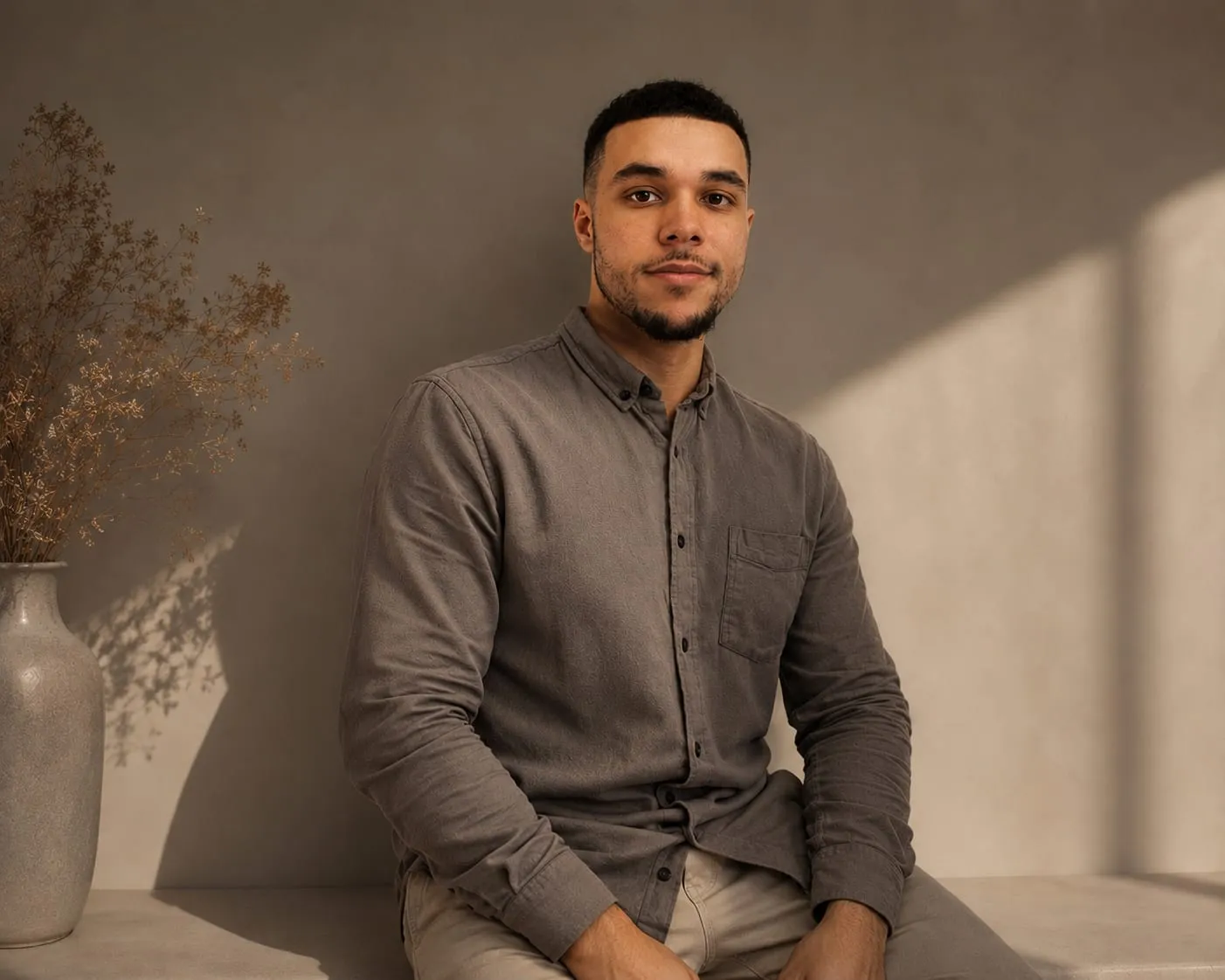 Jordan Lynam, lead videographer, seated in a warm neutral studio