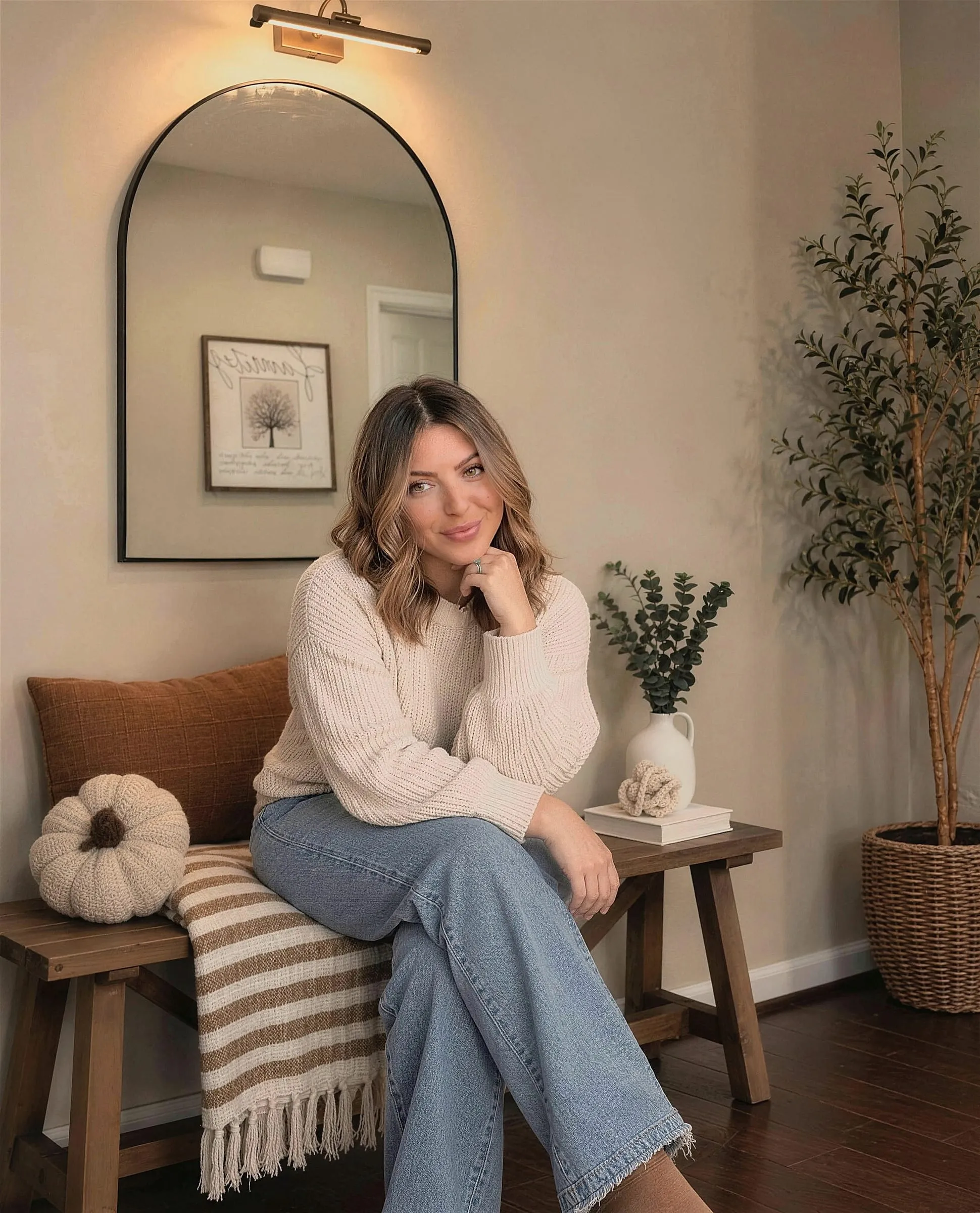 Brittany Lynam smiling on a wooden bench in a cozy cream sweater