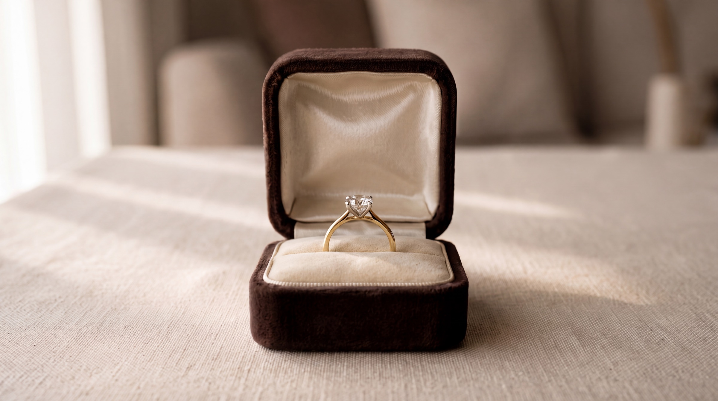 An open espresso velvet ring box with a gold solitaire diamond ring on ivory satin